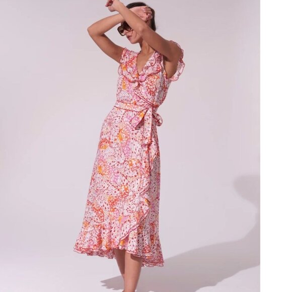 Poupette St. Barth Aude Midi Wrap Dress Ruffled Orange Ailes Butterfly Print S - Picture 1 of 12
